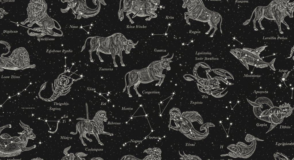 ¿6x1?: Fenómenos del Universo 7 Patrón repetitivo de ilustraciones de constelaciones del zodiaco en estilo vintage sobre fondo negro estrellado. Representación gráfica de astrología y astronomía antigua. Accesible para personas con discapacidad visual.