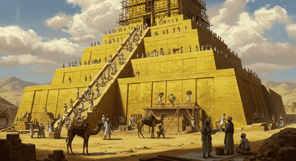 La partitura más antigua de la historia: el origen escrito de la música 2 "Pintura que representa la construcción de un zigurat antiguo con trabajadores transportando materiales. Ilustración de la arquitectura mesopotámica y la vida en la antigüedad."