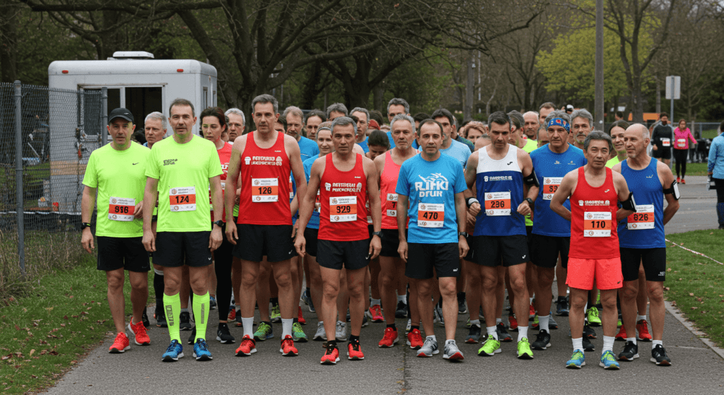 ¿6x1?: ¿Por qué existen los años bisiestos? 2 Grupo de corredores listos para una carrera al aire libre. Imagen de corredores de distintas edades en ropa deportiva colorida, preparándose para competir, ideal para promover eventos deportivos y estilos de vida activos.