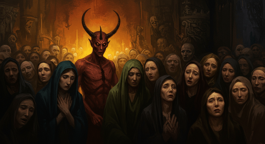 La vocación de San Mateo y El aquelarre: el simbolismo oculto en dos obras maestras 5 Cuadro de un aquelarre con figura demoníaca. Imagen de una pintura antigua que representa una reunión siniestra con un demonio, ideal para ilustrar la historia del arte y las representaciones de lo oculto.