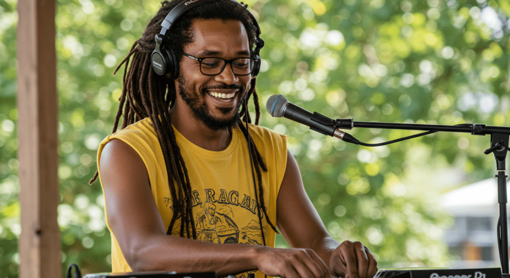 La evolución del rap: de las calles a la cima de la música global 3 "DJ sonriente con rastas y camiseta amarilla actuando en un evento al aire libre. Imagen accesible sobre música electrónica, DJs y eventos culturales."