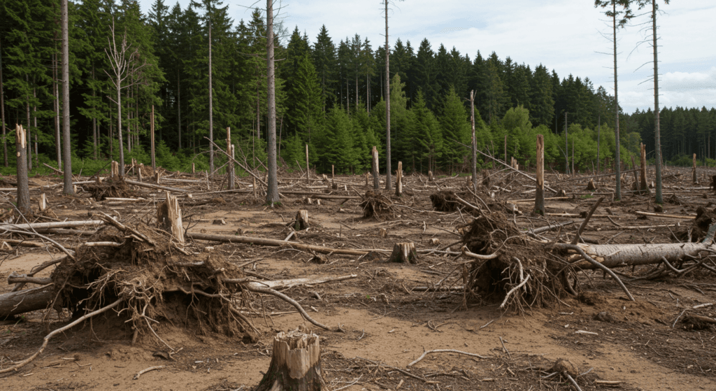 Cómo ha evolucionado la deforestación y qué significa para el medioambiente 5 Imagen de deforestación: árboles talados y raíces expuestas en primer plano, con un bosque verde al fondo. Representación visual del impacto ambiental y la pérdida de biodiversidad. Fotografía de naturaleza, desastres naturales, medio ambiente.