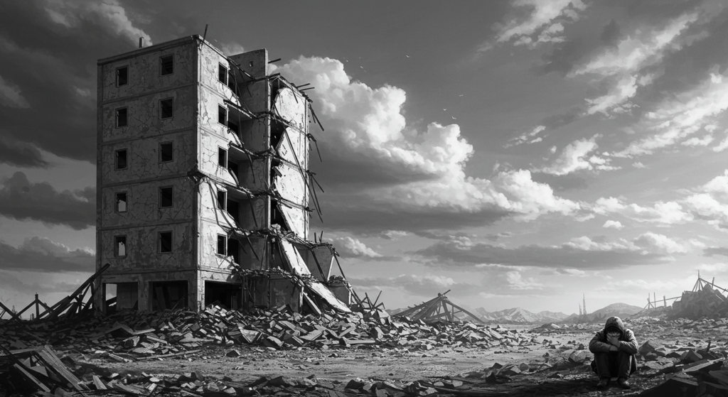 El Turismo Negro: Explorando los destinos más oscuros del mundo 2 Imagen en blanco y negro de un edificio destruido con una persona llorando. Escena de desolación y pérdida en zona de guerra o desastre natural. Ideal para contenido sobre conflictos, resiliencia y ayuda humanitaria.