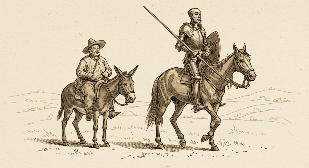 Los 12 libros más vendidos de la historia: Bestsellers que marcaron generaciones 3 Ilustración de Don Quijote y Sancho Panza a caballo. Imagen para contenido sobre literatura española, El Quijote, Miguel de Cervantes o personajes históricos.