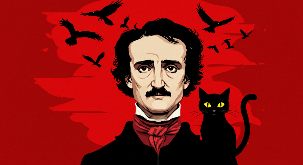 ¿Quién fue Edgar Allan Poe? Un vistazo a la vida y misterio del maestro del terror (Parte 1) 1 Ilustración de Edgar Allan Poe con cuervos y gato negro sobre fondo rojo. Diseño gráfico para literatura de terror y misterio. Accesibilidad web.