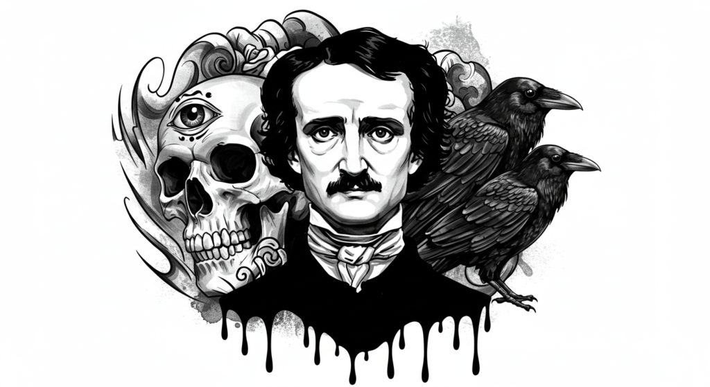 ¿Quién fue Edgar Allan Poe? Un vistazo a la vida y misterio del maestro del terror (Parte 1) 2 Diseño estilo tatuaje de Edgar Allan Poe con calavera, ojo y cuervo. Arte gótico para literatura y terror. Accesibilidad web.