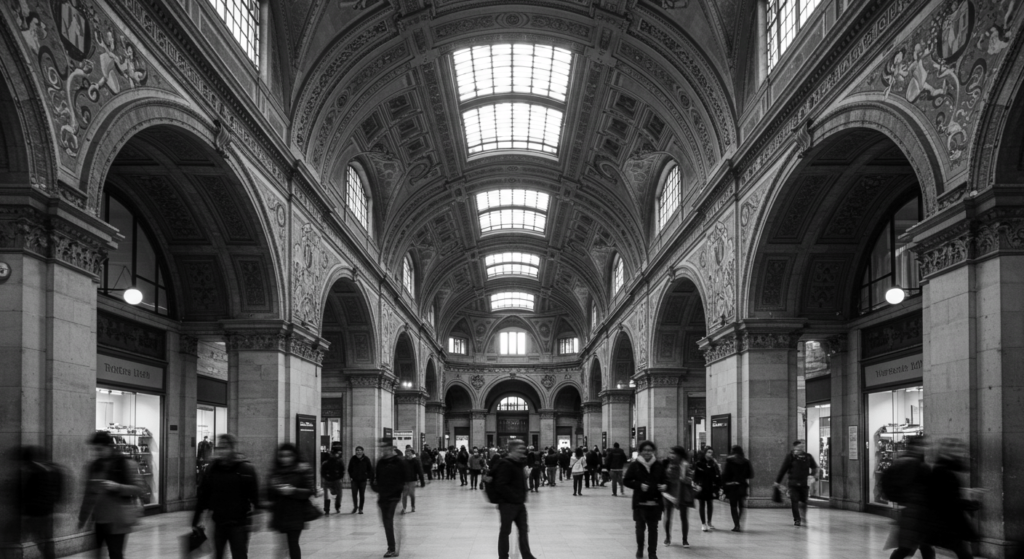 Déjà vu: ¿Por qué sentimos que ya hemos vivido este momento? 4 Interior de edificio histórico en blanco y negro con personas caminando. Fotografía de vestíbulo con arcos y gente hablando por teléfono.