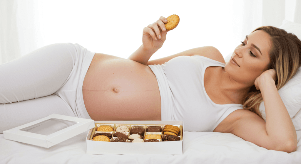 ¿6x1?: ¿Por qué en el periodo de embarazo dan antojos? 7 Mujer embarazada relajada comiendo dulces. Imagen que muestra a una futura mamá disfrutando de un momento de antojo con galletas y chocolates, representando la dulzura y los placeres del embarazo.