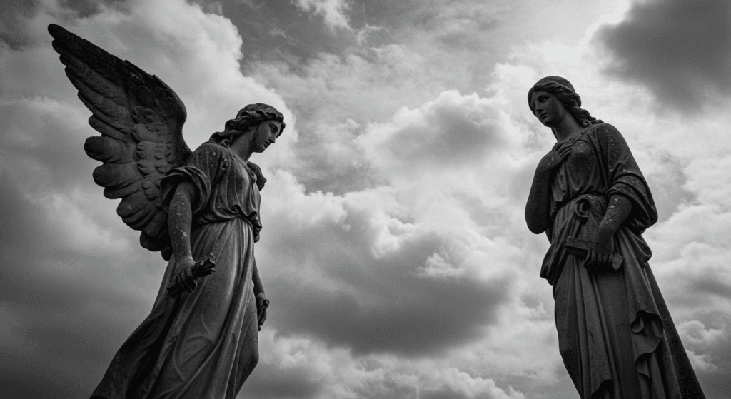 Fotografía en blanco y negro de esculturas de un ángel y una mujer bajo un cielo nublado. Representación artística de lo espiritual y lo celestial. Accesible para personas con discapacidad visual.