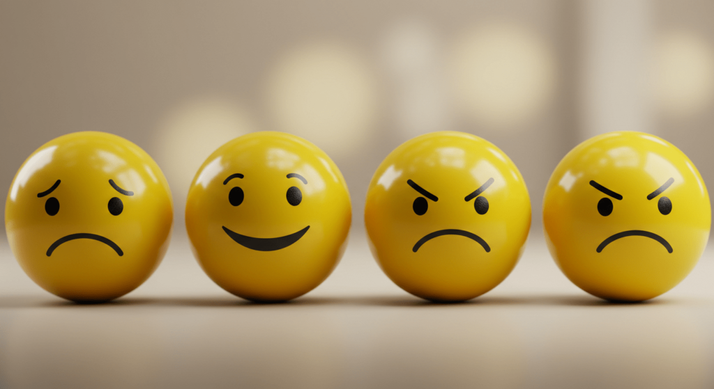 El poder de la sonrisa: cómo influye en nuestra felicidad y bienestar 7 Esferas amarillas representando diferentes emociones. Imagen de cuatro esferas amarillas con caras expresando tristeza, alegría, enojo y decepción. Representación visual de emociones y estados de ánimo. Accesibilidad web y SEO.