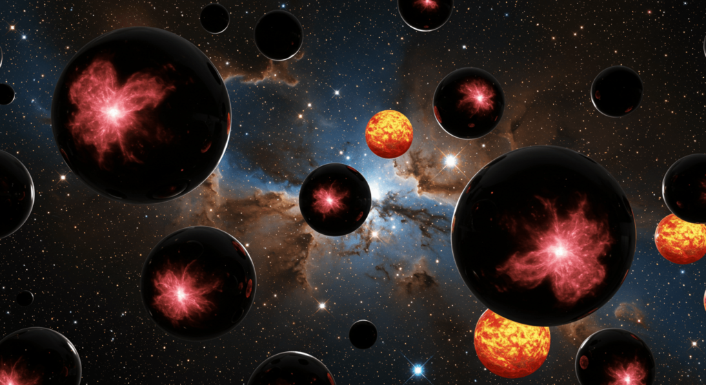 ¿Existe el universo para nosotros o somos solo una coincidencia cósmica? 6 Representación abstracta del multiverso: múltiples esferas flotando en el espacio estrellado; la mayoría negras reflejan una nebulosa rosa, otras son ardientes de color naranja, simbolizando universos paralelos.