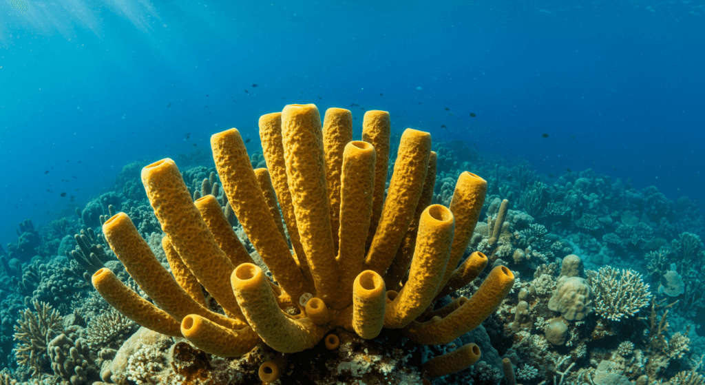 5 animales sin cerebro y sus impresionantes adaptaciones a la vida 5 Esponjas marinas amarillas y verdes en el océano. Imagen de vida marina y ecosistema acuático. Fotografía accesible para personas con discapacidad visual. Esponjas Marinas Océano Vida Marina Naturaleza.