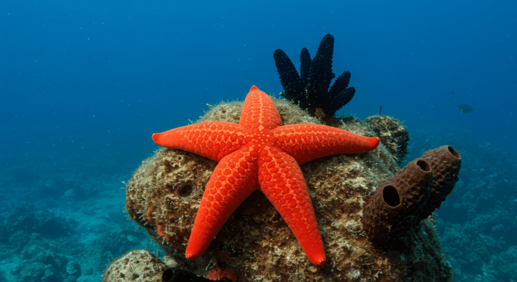 5 animales sin cerebro y sus impresionantes adaptaciones a la vida 6 Estrella de mar roja sobre arrecife en el océano. Imagen de vida marina y ecosistema acuático. Fotografía accesible para personas con discapacidad visual. Estrella de Mar Océano Vida Marina Naturaleza.