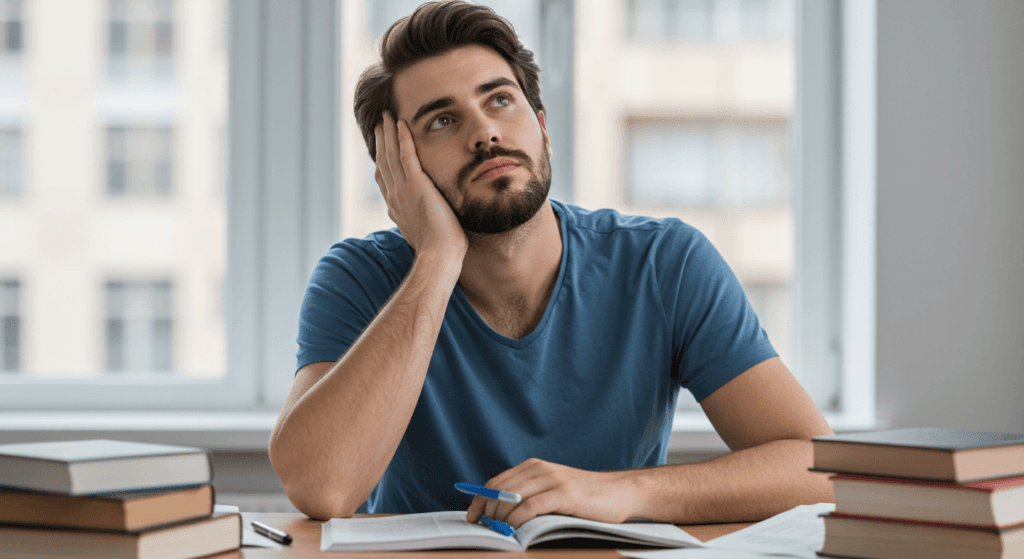 ¿6x1?: ¿Por qué existen los años bisiestos? 4 Joven estudiante aburrido en su escritorio. Imagen de un estudiante con aspecto cansado y desmotivado, apoyado en la mano sobre la mesa de estudio, ideal para representar la dificultad y el cansancio académico.