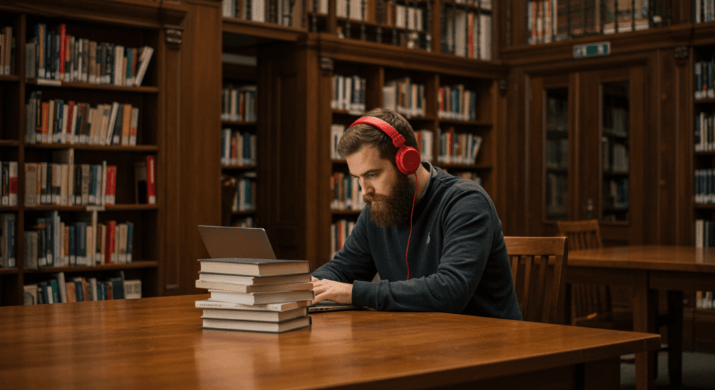 ¿Cómo afecta la música a tu cuerpo? Ciencia y curiosidades sobre su poder 6 "Estudiante con barba trabajando en la biblioteca con su laptop y escuchando música con auriculares rojos para concentrarse. La música en entornos de estudio facilita el aprendizaje, mejora la memoria y regula el estrés. Investigando y estudiando en un ambiente tranquilo con la ayuda de la música."