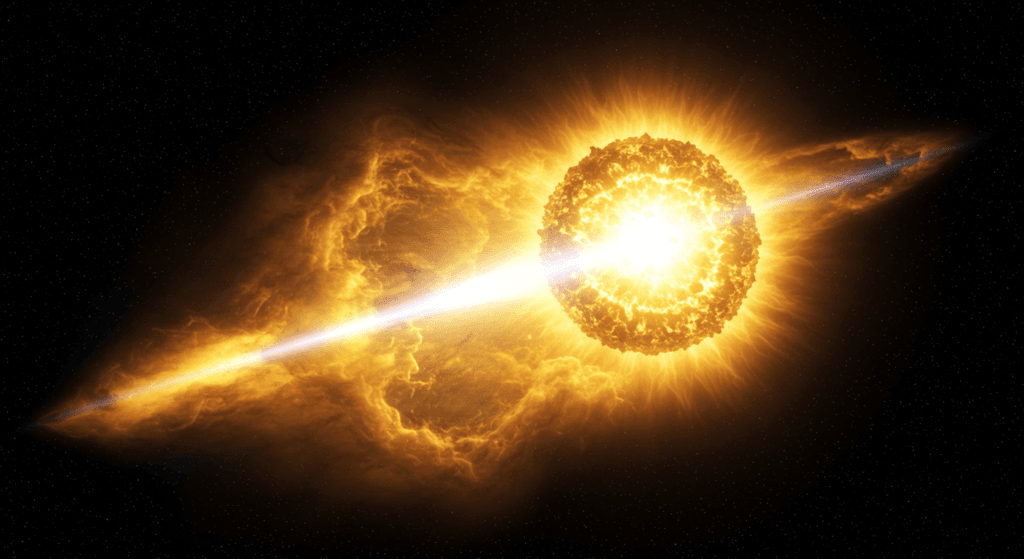 ¿6x1?: Fenómenos del Universo 4 Imagen de un evento cósmico brillante con una esfera central dorada y un haz de luz diagonal. Ilustración astronómica del espacio. Accesible para personas con discapacidad visual.