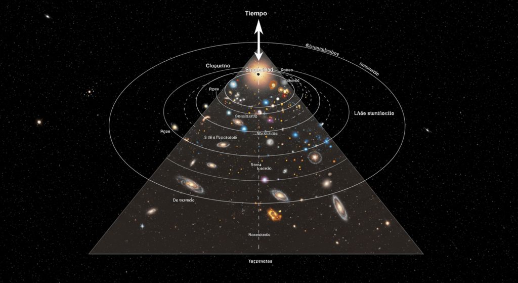 Teoría del Big Bang: ¿Cómo surgió el Universo según la ciencia? 3 Diagrama de la expansión del universo desde la singularidad. Ilustración que representa el proceso de expansión cósmica, mostrando cómo las galaxias se desarrollan a partir de una singularidad inicial, ideal para enseñar cosmología y astronomía.