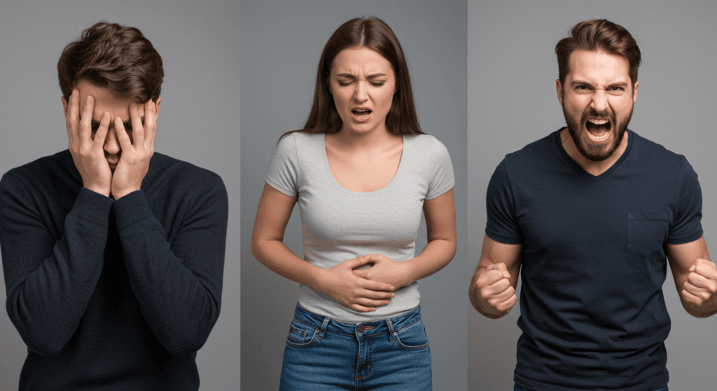 ¿6x1?: ¿Por qué nos da hipo? 4 "Triptico con expresiones faciales de tristeza, dolor y enojo. Rostros de personas mostrando emociones negativas. Ideal para salud mental, gestión de emociones y bienestar."