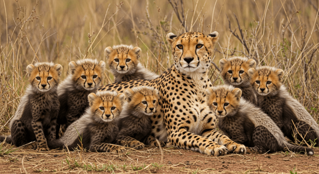 Carrera mortal: ¿Cómo el guepardo domina la velocidad? 6 Familia de guepardos con mamá y crías en la sabana. Imagen tierna que muestra la vida familiar en el mundo animal. Ideal para contenido sobre fauna africana y conservación.