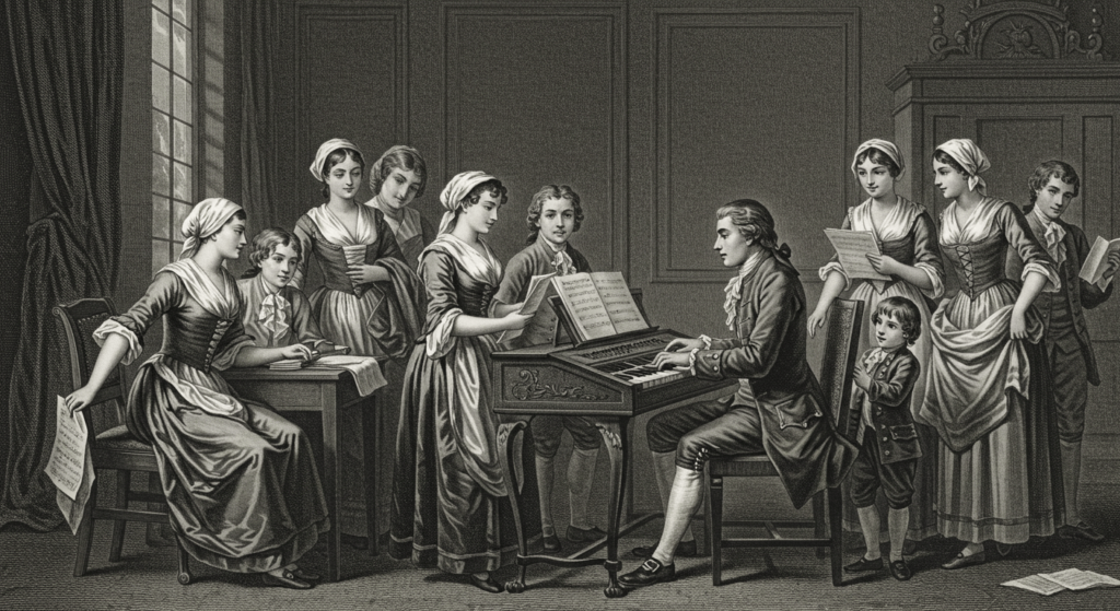 ¿Quién fue Johann Sebastian Bach? La vida y legado de un genio musical 3 "Grabado antiguo mostrando a un músico tocando un instrumento de teclado mientras un grupo de personas lo observa. Ilustración de una escena familiar del siglo XVIII. Ideal para contenido sobre música clásica, historia y arte antiguo. Diseño accesible y optimizado para buscadores."