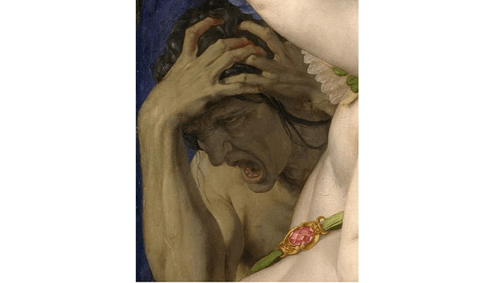El significado oculto en dos grandes obras: "Alegoría del triunfo de Venus" y "Guernica" 3 "Detalle de pintura clásica mostrando una figura gritando con desesperación. Expresión de sufrimiento humano en primer plano, con colores pálidos y fondo azul oscuro. Obra de arte que captura la intensidad del dolor."