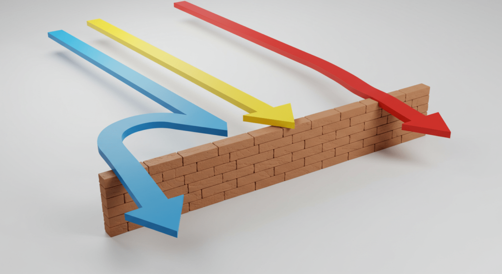 ¿6x1?: ¿Los pechos son un órgano sexual? 5 "Ilustración 3D de flechas de colores superando un muro de ladrillo. Representación visual de estrategias para superar obstáculos, con flechas azul, amarilla y roja encontrando diferentes caminos. Metáfora de soluciones creativas y perseverancia."