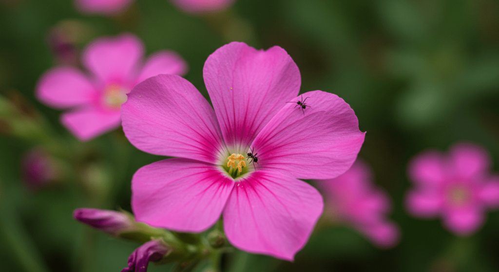 Las hormigas: pequeñas trabajadoras con un gran impacto en el planeta 2 Flor rosa con hormiga. Imagen de primer plano de una flor fucsia con un insecto sobre sus pétalos. Naturaleza y botánica.