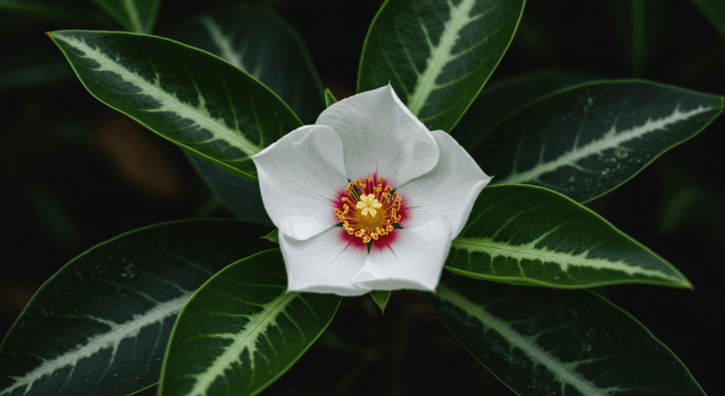 Las plantas más venenosas del mundo: descubre las 6 más peligrosas 5 Imagen de una flor blanca con centro rojo y amarillo, rodeada de hojas verdes. Primer plano de una flor delicada en su entorno natural. Fotografía de naturaleza, flores, belleza floral.