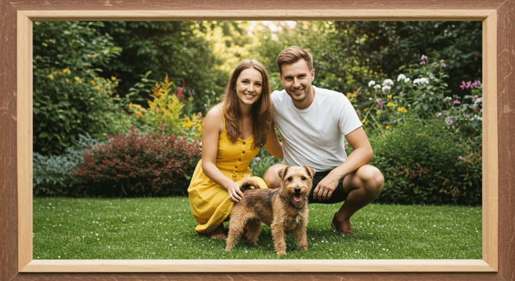 La fidelidad canina: ¿Qué hace que los perros sean tan leales? 3 Foto enmarcada de pareja y perro en el jardín. Imagen de familia sonriente con su mascota en un entorno natural.