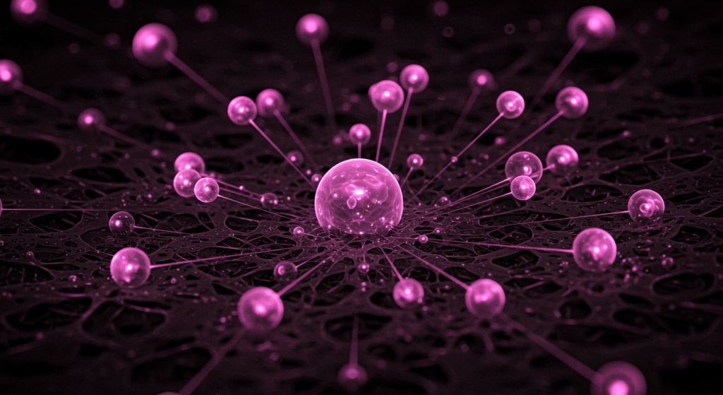 La teoría de los multiversos: ¿existen realidades paralelas? 4 Abstracta imagen fractal con esferas luminosas. Representación digital de un patrón repetitivo con bolas rosadas y moradas conectadas a una superficie texturizada. Arte abstracto para diseño y tecnología. Accesibilidad web y SEO.