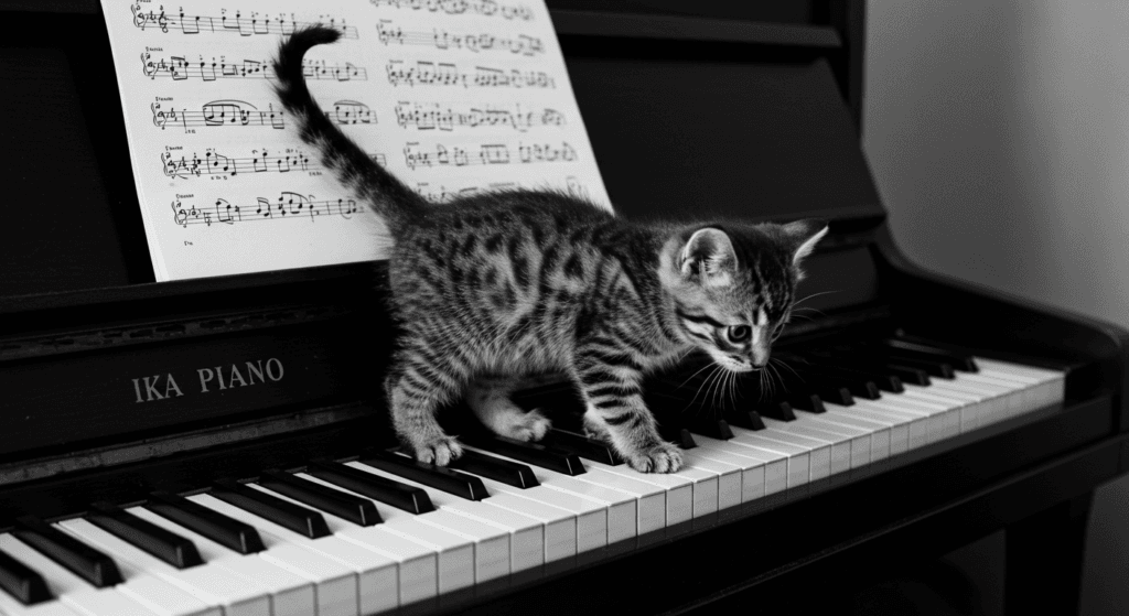 ¿Los animales disfrutan la música? Lo que dice la ciencia sobre su sensibilidad sonora 5 "Gatito jugando al piano. Imagen de un pequeño gato atigrado caminando sobre las teclas de un piano. Foto divertida de un animal tocando un instrumento musical. Gato músico, gatito en piano."