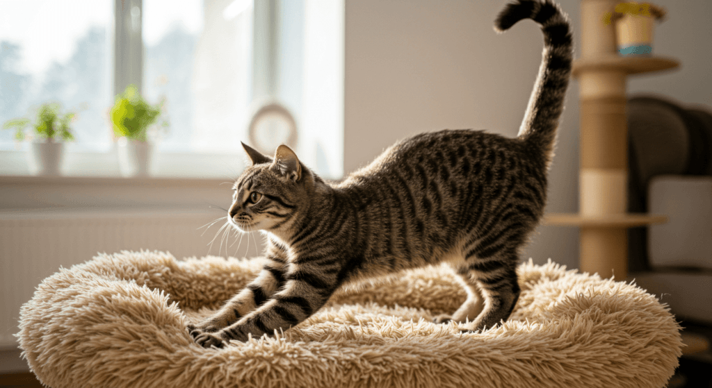 ¿6x1?: ¿Cómo cambian de color los Camaleones? 2 Gato atigrado estirándose en una cama suave para gatos. Mascota doméstica en un entorno luminoso. Accesible para personas con discapacidad visual.