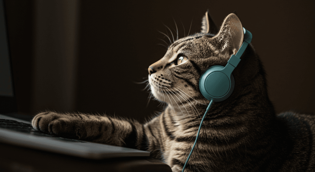 ¿Los animales disfrutan la música? Lo que dice la ciencia sobre su sensibilidad sonora 7 "Gato con auriculares usando laptop. Imagen de primer plano de un gato atigrado con auriculares de color verde azulado mirando una computadora portátil. Foto divertida de una mascota trabajando con tecnología. Gato músico, gato con laptop."