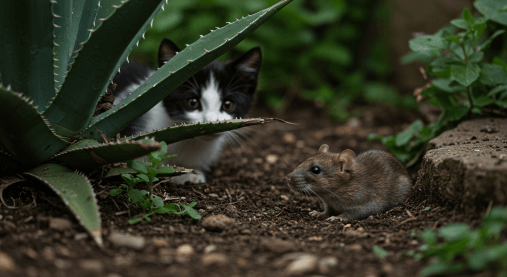 Ratones: pequeños pero inteligentes, descubre por qué son tan comunes 5 Imagen de un gato blanco y negro espiando a una rata en un jardín. Primer plano de la rata asomando desde una madriguera entre piedras y vegetación. Fotografía de animales, fauna, naturaleza.
