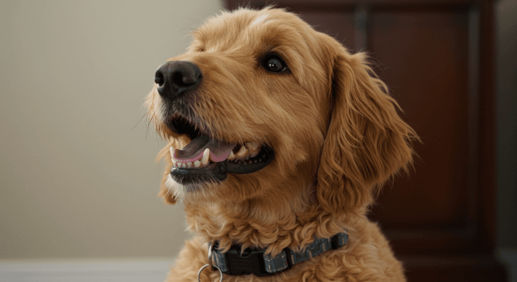¿Por qué tu perro actúa así? Entendiendo las razones detrás de su comportamiento 3 "Goldendoodle ladrando con boca abierta. Perro con pelo rizado y expresión animada. Ideal para mascotas, razas de perros y animales en casa."