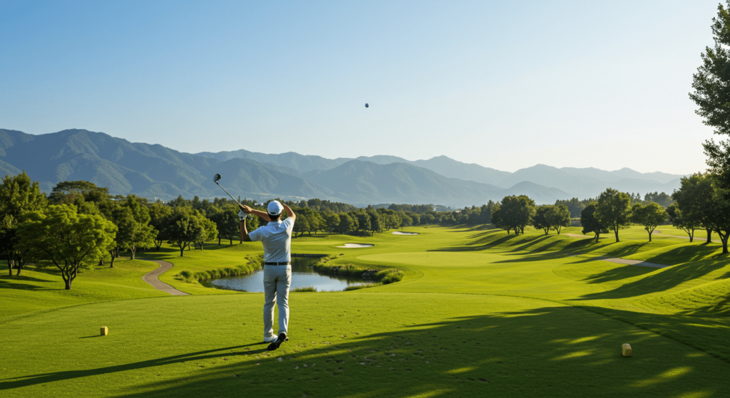 El poder de la sonrisa: cómo influye en nuestra felicidad y bienestar 2 Golfista golpeando la bola en campo con paisaje montañoso. Imagen de un golfista haciendo un swing en un campo de golf con vegetación exuberante y montañas al fondo. Fotografía de deporte y paisajes naturales. Accesibilidad web y SEO.