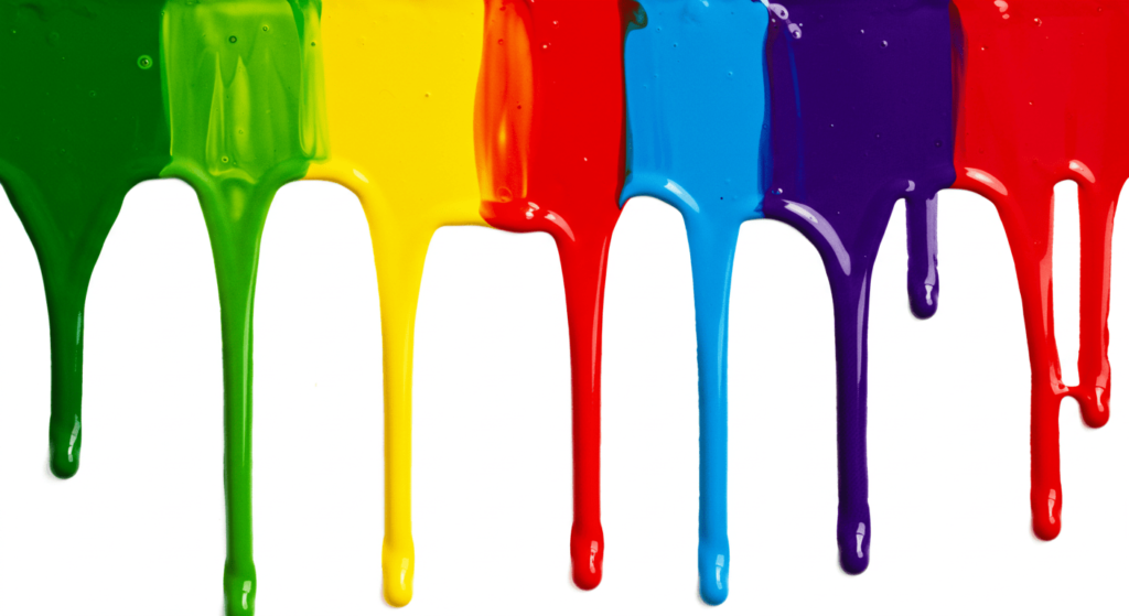 ¿Cómo observar una pintura? Técnicas para interpretar y disfrutar el arte visual 5 The image shows streaks of paint in various primary and secondary colors – green, yellow, red, blue, and purple – dripping downwards against a stark white background. The paints appear thick and glossy, with visible runs and drips that create a dynamic visual effect. The colors are vibrant and saturated, emphasizing the playful and artistic nature of the scene.