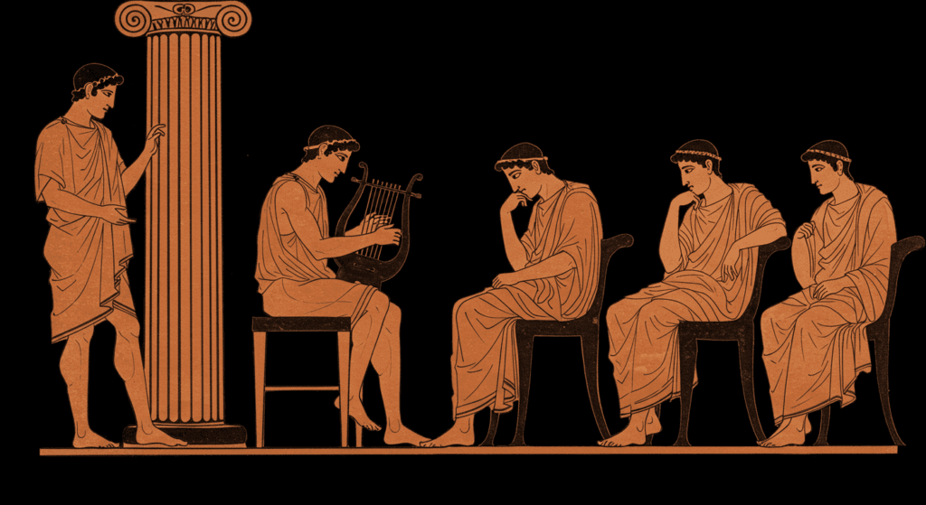 La partitura más antigua de la historia: el origen escrito de la música 6 "Ilustración de la antigua Grecia en estilo de cerámica de figuras negras. Hombre tocando la lira rodeado de figuras contemplativas."