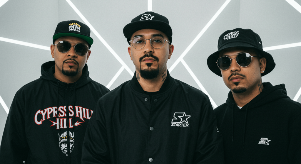 La evolución del rap: de las calles a la cima de la música global 5 "Retrato de tres hombres con gorras y gafas de sol, representando la cultura hip hop de Cypress Hill. Imagen accesible sobre música, moda urbana y grupos musicales."