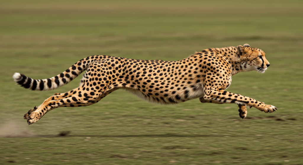 Carrera mortal: ¿Cómo el guepardo domina la velocidad? 1 Guepardo corriendo a toda velocidad. Imagen de animal salvaje en movimiento que representa la velocidad y la agilidad. Ideal para contenido sobre animales y naturaleza.