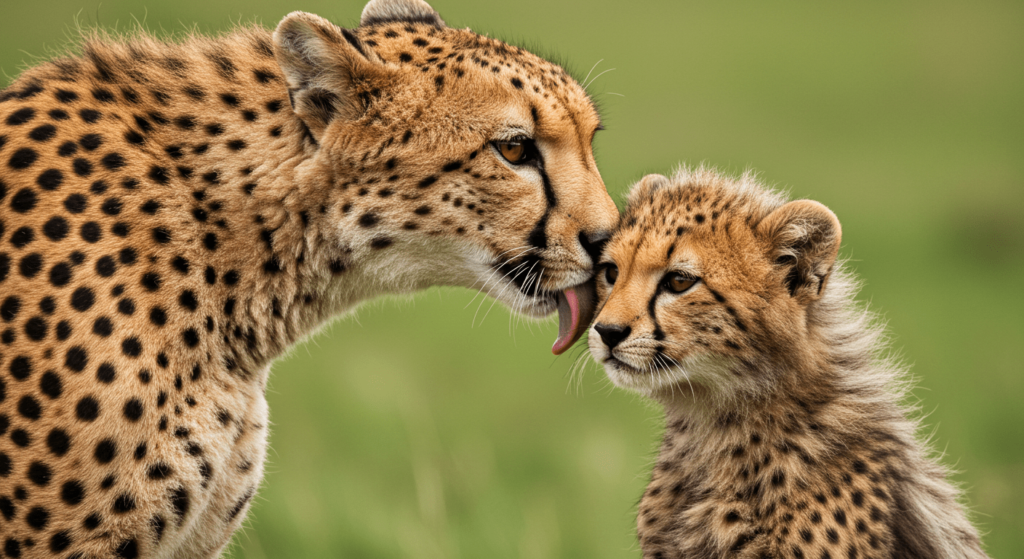 Carrera mortal: ¿Cómo el guepardo domina la velocidad? 3 Mamá guepardo acicalando a su cría. Imagen tierna de animales salvajes mostrando afecto maternal. Ideal para contenido sobre fauna africana y relaciones familiares en la naturaleza.