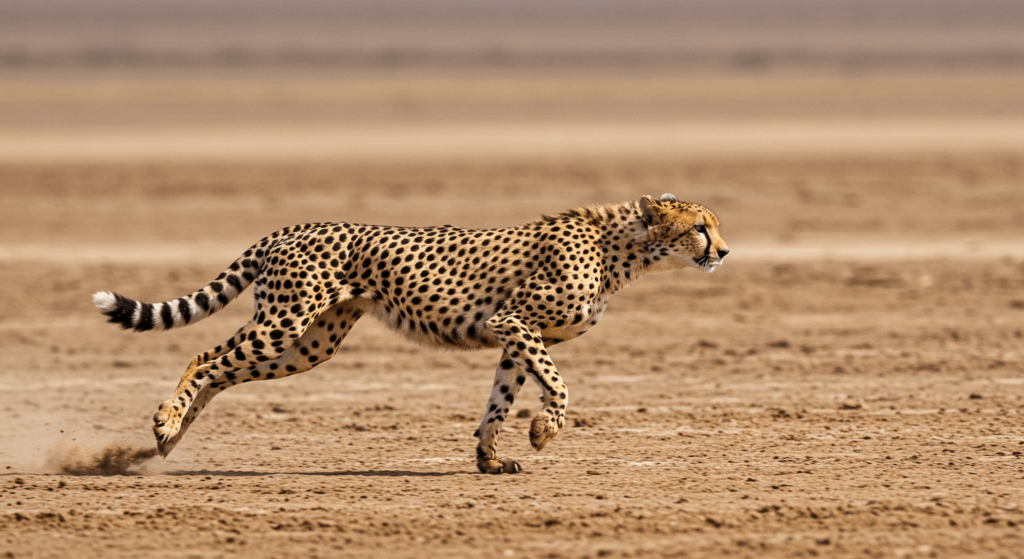 Carrera mortal: ¿Cómo el guepardo domina la velocidad? 2 Guepardo corriendo velozmente por la sabana. Animal salvaje en plena carrera, mostrando su fuerza y agilidad. Ideal para contenido sobre fauna africana y naturaleza.