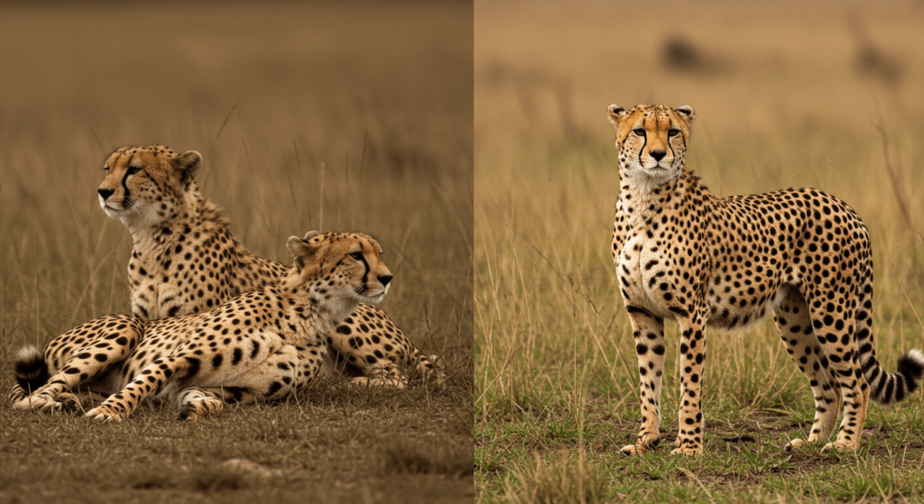 Carrera mortal: ¿Cómo el guepardo domina la velocidad? 5 Comparación de diferentes patrones de pelaje en guepardos. Muestra la diversidad de las manchas en estos felinos africanos. Ideal para contenido educativo sobre animales salvajes.