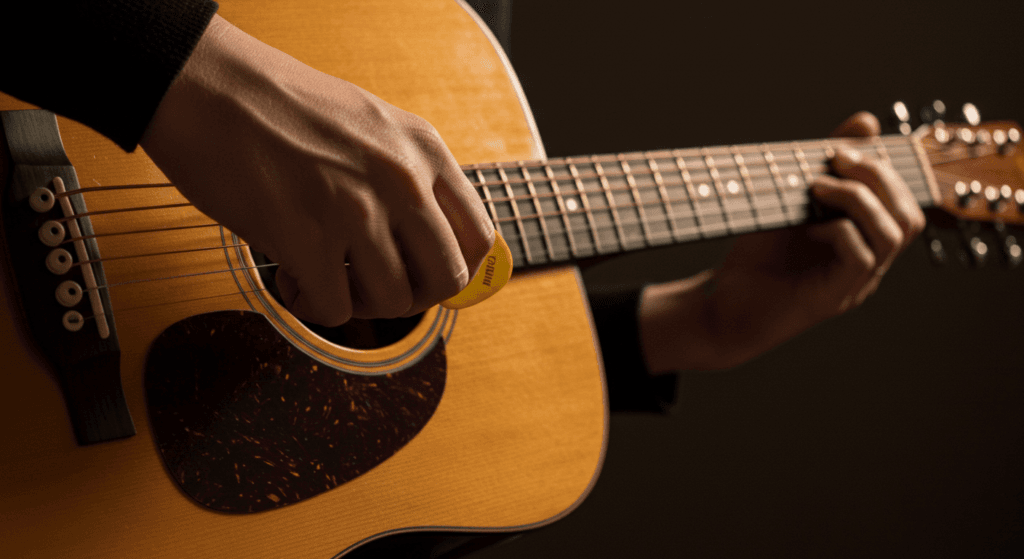 Orígenes y evolución de la guitarra clásica: de sus inicios a la época moderna 2 "Detalle de mano tocando guitarra acústica con púa. Imagen del acto de hacer música, potenciando la creatividad y el bienestar. Tocar un instrumento estimula la motricidad fina, mejora la concentración y facilita la expresión emocional, promoviendo la salud mental y el desarrollo cognitivo. Guitarra, música, creatividad y bienestar emocional."