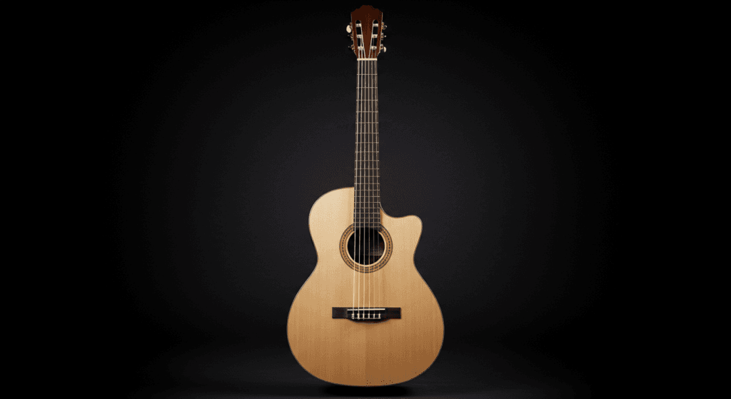 Orígenes y evolución de la guitarra clásica: de sus inicios a la época moderna 6 "Guitarra clásica de madera clara sobre fondo oscuro. Instrumento musical con diseño elegante y acabado pulido. Música y arte."