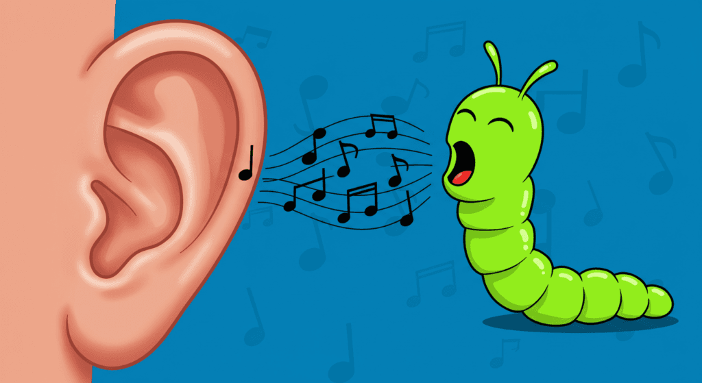 Melodías atrapantes: ¿Por qué algunas canciones no salen de nuestra cabeza? 3 "Ilustración de dibujos animados con un gusano cantando notas musicales que salen de un oído. Imagen accesible sobre música, aprendizaje y entretenimiento infantil."