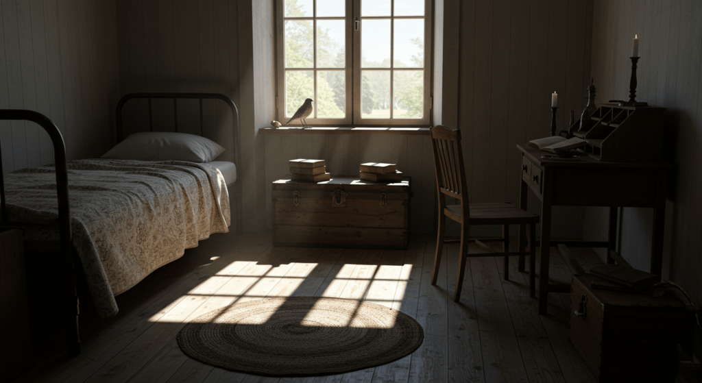 ¿Quién fue Edgar Allan Poe? Un vistazo a la vida y misterio del maestro del terror (Parte 1) 5 Habitación antigua con cama, escritorio, pájaro y luz natural. Interior histórico para diseño de interiores y ambientes vintage. Accesibilidad web.