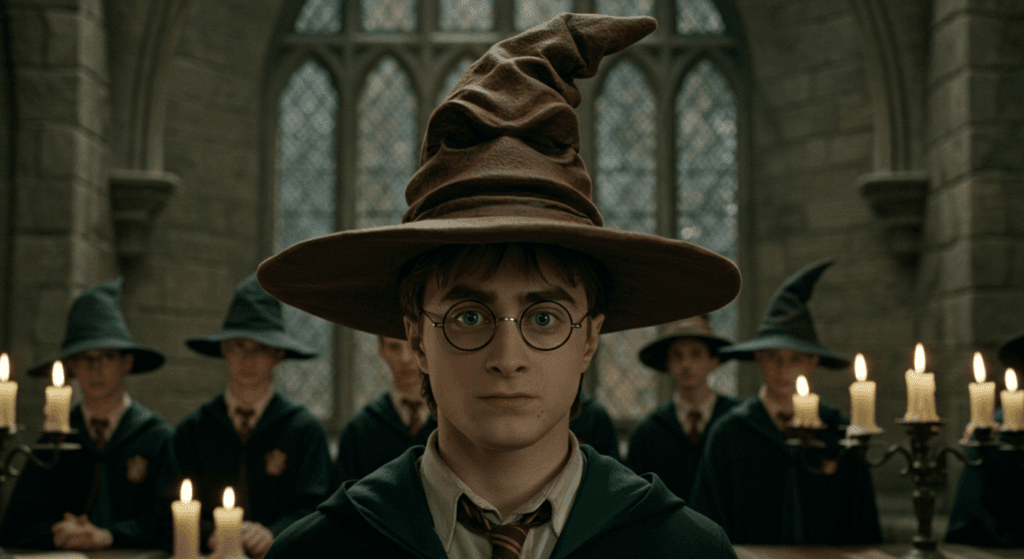 Los 12 libros más vendidos de la historia: Bestsellers que marcaron generaciones 2 Harry Potter con el Sombrero Seleccionador en Hogwarts. Imagen para contenido sobre la saga de Harry Potter, magia, fantasía y cultura popular.