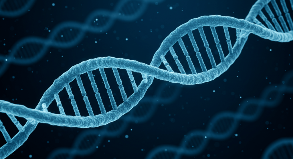 Los primeros monos clonados: El experimento que cambió la ciencia para siempre 7 Primer plano de una molécula de ADN de doble hélice en color azul claro brillante, flotando sobre un fondo azul oscuro con partículas desenfocadas. Ilustración científica de genética y biología.