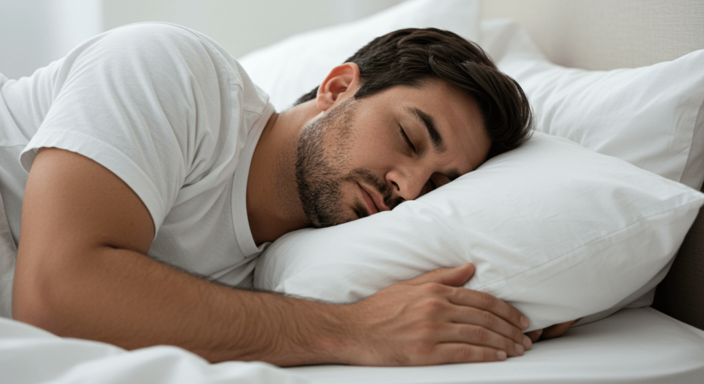 ¿Por qué soñamos? La ciencia detrás de nuestros sueños 2 Hombre durmiendo plácidamente en la cama. Imagen de un joven descansando en ropa blanca, con los ojos cerrados sobre una almohada blanca. Descanso y sueño.